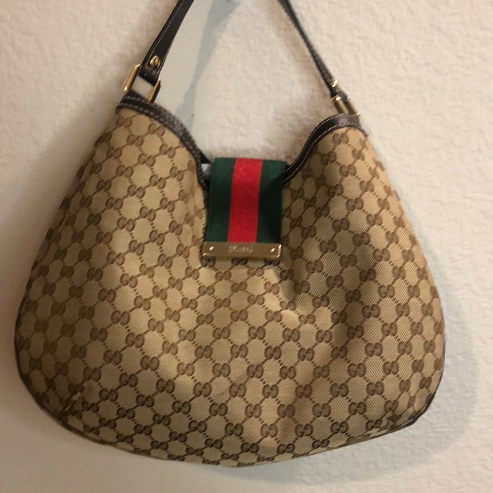 Gucci Beige GG Canvas Hobo with Green-Red Web